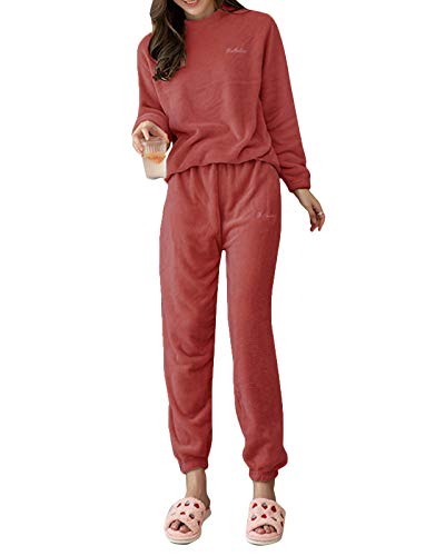 Minetom Herbst Winter Pyjamas Damen Mädchen Zweiteiler Ensembles Warm Coral Fleece Nachtwäsche Süße Plüsch Schlafanzug Langarm Shirt und Hose A Rot 36 von Minetom