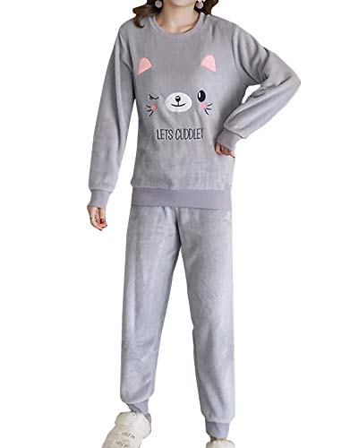 Minetom Herbst Winter Pyjamas Damen Mädchen Zweiteiler Ensembles Warm Coral Fleece Nachtwäsche Süße Plüsch Schlafanzug Langarm Shirt und Hose C Grau 34 von Minetom