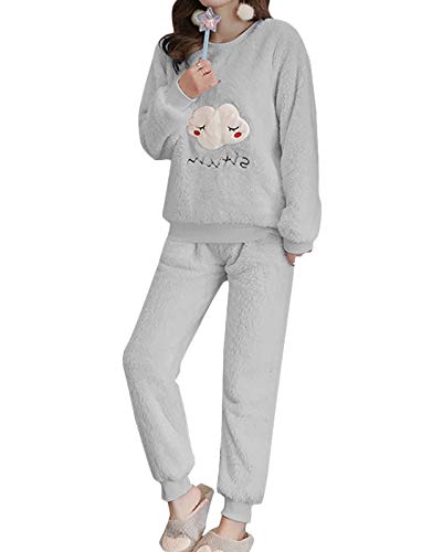 Minetom Herbst Winter Pyjamas Damen Zweiteiler Ensembles Warm Coral Fleece Nachtwäsche Süße Plüsch Schlafanzug Langarm Shirt und Hose D Grau 34 von Minetom