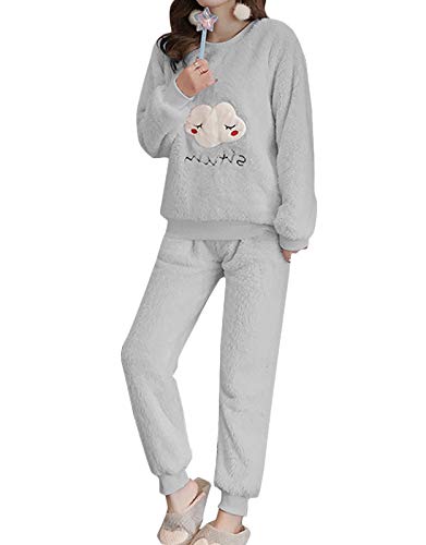 Minetom Herbst Winter Pyjamas Damen Mädchen Zweiteiler Ensembles Warm Coral Fleece Nachtwäsche Süße Plüsch Schlafanzug Langarm Shirt und Hose D Grau 36 von Minetom