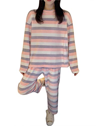 Minetom Herbst Winter Pyjamas Damen Zweiteiler Ensembles Warm Coral Fleece Nachtwäsche Süße Plüsch Schlafanzug Langarm Shirt und Hose G Rosa 40 von Minetom