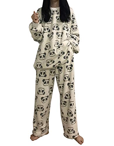 Minetom Herbst Winter Pyjamas Damen Zweiteiler Ensembles Warm Coral Fleece Nachtwäsche Süße Plüsch Schlafanzug Langarm Shirt und Hose Tierdruck B Weiß 36 von Minetom