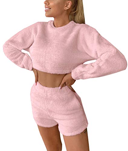 Minetom Herbst Winter Pyjamas Damen Mädchen Zweiteiler Ensembles de Pyjama Warm Coral Fleece Nachtwäsche Weich Pullover Crop Tops und Shorts Rosa L von Minetom