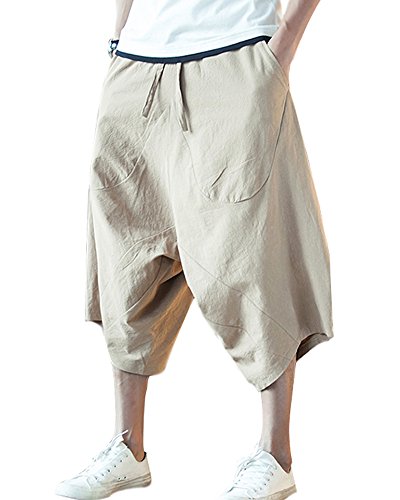 Minetom Herren 7/8 Hosen Sommer Oversized Cargo Shorts mit Kordelzug Vintage Casual Bermuda Cargo Capri Kurze Hose Lose Baggy Leinen Pants Beige XXXL von Minetom