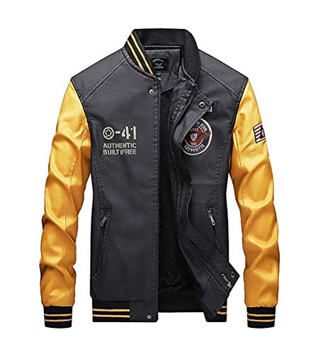Minetom Herren Bikerjacke Lederjacke Kunstleder Übergangsjacke Mit Taschen Retro Bomberjacke Mit Stehkragen Baseball Uniform PU Jacken B Gelb L von Minetom