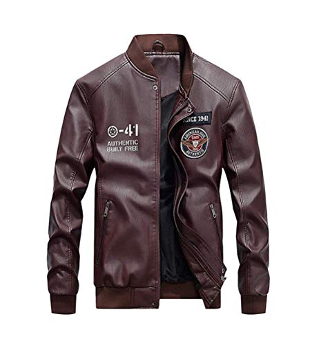 Minetom Herren Bikerjacke Lederjacke Kunstleder Übergangsjacke Mit Taschen Retro Bomberjacke Mit Stehkragen Baseball Uniform PU Jacken C Kaffee XL von Minetom