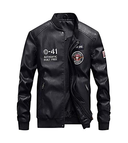 Minetom Herren Bikerjacke Lederjacke Kunstleder Übergangsjacke Mit Taschen Retro Bomberjacke Mit Stehkragen Baseball Uniform PU Jacken C Schwarz L von Minetom