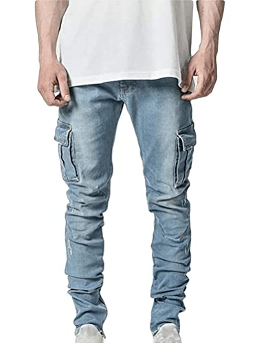 Minetom Herren Cargohosen Hose Freizeithose Jogginghose Cargo Jeans Hose Straight Leg Denim Jeans Multi Tasche Hose Streetwear Z13 Blau L von Minetom