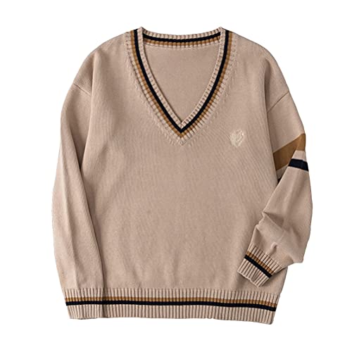 Minetom Herren Damen JK Schuluniform Pullover V-Ausschnitt Klassisch Gestrickte Gestreifte Pullover College-Stil Retro Cardigan Für Frühling Herbst Winter Paar-Outfit A Khaki XL von Minetom