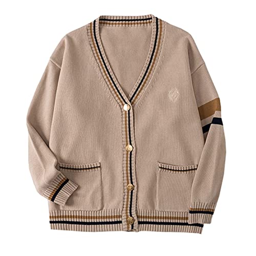 Minetom Herren Damen JK Schuluniform Pullover V-Ausschnitt Klassisch Gestrickte Gestreifte Pullover College-Stil Retro Cardigan Für Frühling Herbst Winter Paar-Outfit B Khaki S von Minetom