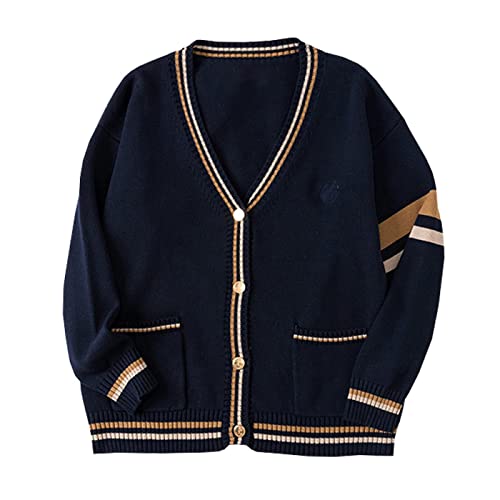 Minetom Herren Damen JK Schuluniform Pullover V-Ausschnitt Klassisch Gestrickte Gestreifte Pullover College-Stil Retro Cardigan Für Frühling Herbst Winter Paar-Outfit B Marine S von Minetom