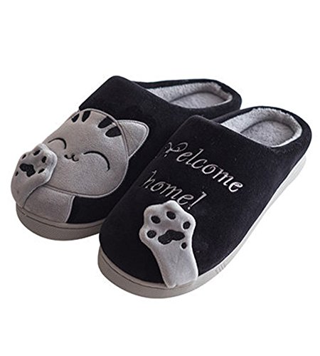 Minetom Herren Damen Winter Baumwolle Pantoffeln Dickere Wärme Weiche Hausschuhe Kuschelige Katze Home rutschfeste Slippers D Schwarz EU 40 41 von Minetom