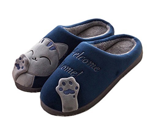 Minetom Herren Damen Winter Baumwolle Pantoffeln Dickere Wärme Weiche Hausschuhe Kuschelige Katze Home rutschfeste Slippers D Blau EU 43 44 von Minetom