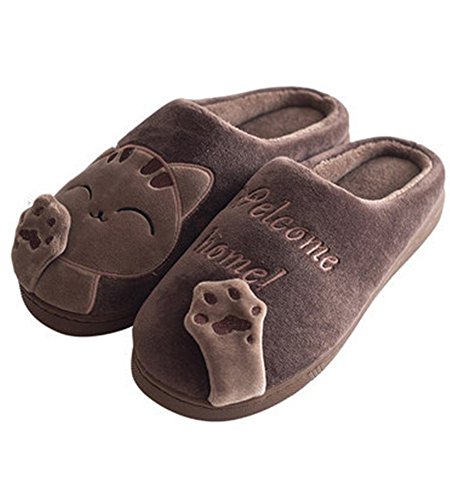 Minetom Herren Damen Winter Baumwolle Pantoffeln Dickere Wärme Weiche Hausschuhe Kuschelige Katze Home rutschfeste Slippers D Braun EU 40 41 von Minetom