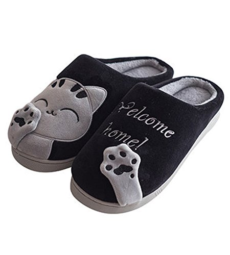 Minetom Herren Damen Winter Baumwolle Pantoffeln Dickere Wärme Weiche Hausschuhe Kuschelige Katze Home rutschfeste Slippers D Schwarz EU 43 44 von Minetom