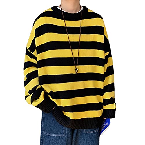 Minetom Herren Gestreifter Pullover Lässiger Langarm Patchwork Pullover Sportswear Pulli Sweatshirt Oversized Sweat Japanisch Paar Pullover A Gelb L von Minetom