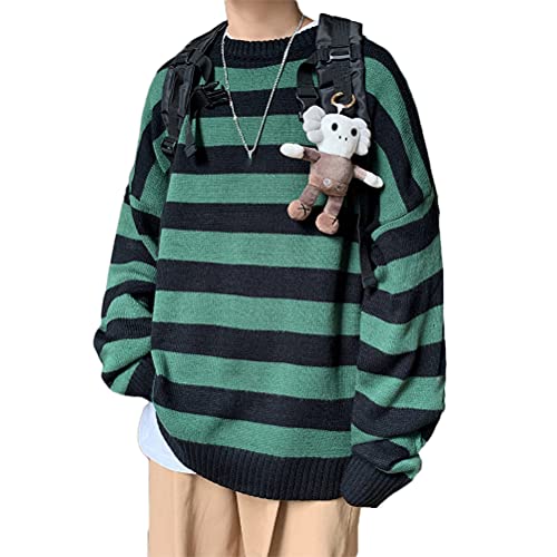 Minetom Herren Gestreifter Pullover Lässiger Langarm Patchwork Pullover Sportswear Pulli Sweatshirt Oversized Sweat Japanisch Paar Pullover A Grün Schwarz S von Minetom