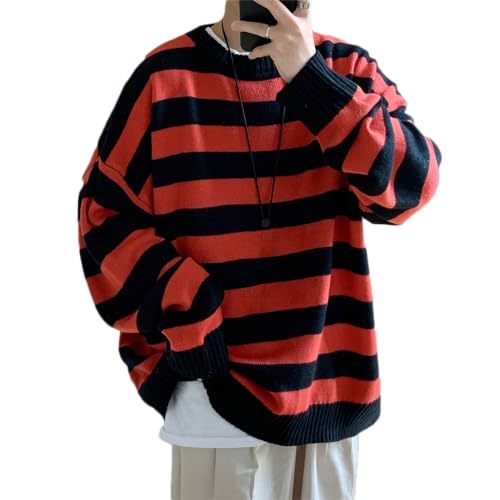 Minetom Herren Gestreifter Pullover Lässiger Langarm Patchwork Pullover Sportswear Pulli Sweatshirt Oversized Sweat Japanisch Paar Pullover A Rot S von Minetom