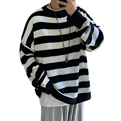 Minetom Herren Gestreifter Pullover Lässiger Langarm Patchwork Pullover Sportswear Pulli Sweatshirt Oversized Sweat Japanisch Paar Pullover A Schwarz XXL von Minetom