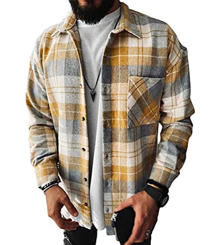 Minetom Herren Hemd Kariertes Freizeithemd Normale Passform Lange Ärmel Flanellhemden Holzfällerhemd Arbeitshemd Flanellhemd Kariert Hemd D Gelb 3XL von Minetom
