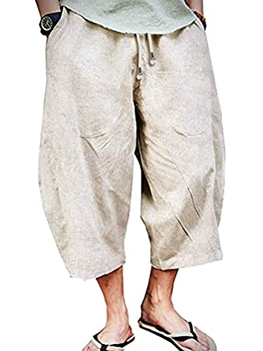 Minetom Herren Hose Kurze Leinen aus Baumwollmischung Casual Strandhose Seitentasche Loose Fit mit Band Shorts 3/4 Bermuda Einfarbig Sommerhose für Männer B Beige XXL von Minetom