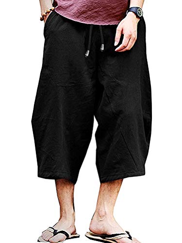Minetom Herren Hose Kurze Leinen aus Baumwollmischung Casual Strandhose Seitentasche Loose Fit mit Band Shorts 3/4 Bermuda Einfarbig Sommerhose für Männer B Schwarz 4XL von Minetom