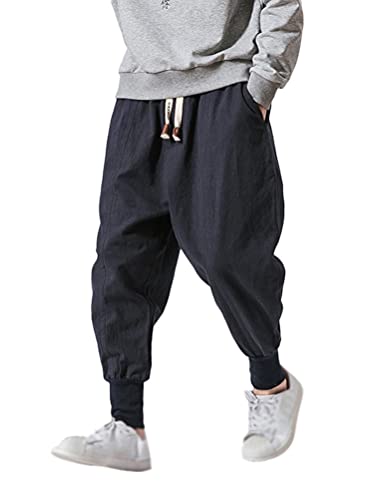 Minetom Herren Hose Lang Leinen Loose Fit Strandhose Freizeithose Jogger Haremshose Baggy Einfarbig Kordelzug Sommerhose für Männer A Blau L von Minetom