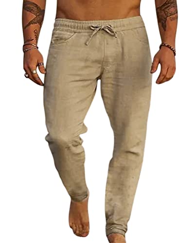 Minetom Herren Hose Lang Sommerhose Strandhose Einfarbig Elastisch Freizeithose Urlaub Stoffhose Mit Kordelzug Loungewear B Khaki XS von Minetom