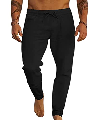 Minetom Herren Hose Lang Sommerhose Strandhose Einfarbig Elastisch Freizeithose Urlaub Stoffhose Mit Kordelzug Loungewear B Schwarz XS von Minetom