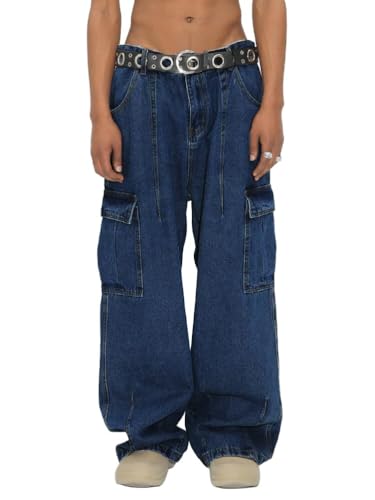 Minetom Herren Jeans Baggy Hip Hop Jeanshose Streetwear Skateboard Jeans Teenager Jungen Loose Fit Denim Pants Classic Destroyed Weite Beine Hosen B Blau L von Minetom