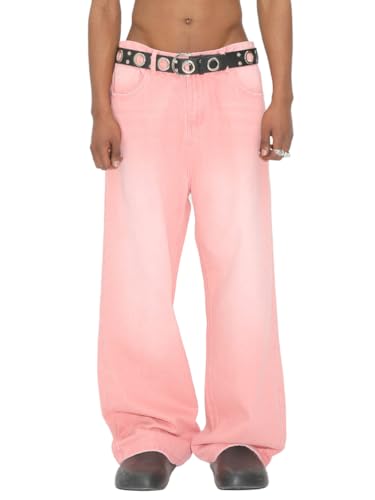 Minetom Herren Jeans Baggy Hip Hop Jeanshose Streetwear Skateboard Jeans Teenager Jungen Loose Fit Denim Pants Classic Destroyed Weite Beine Hosen D Rosa S von Minetom