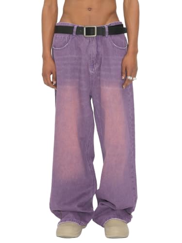 Minetom Herren Jeans Baggy Hip Hop Jeanshose Streetwear Skateboard Jeans Teenager Jungen Loose Fit Denim Pants Classic Destroyed Weite Beine Hosen D Violett L von Minetom