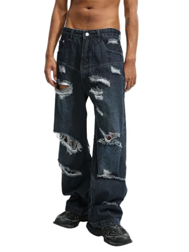 Minetom Herren Jeans Baggy Hip Hop Jeanshose Streetwear Skateboard Jeans Teenager Jungen Loose Fit Denim Pants Classic Destroyed Weite Beine Hosen I Dunkelblau L von Minetom