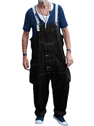 Minetom Herren Jeans Latzhose Overall Arbeitshosen Lange Jeanshose Retro Denim Arbeitslatzhose Jumpsuit Multifunktion Hose Arbeitskleidung Loose Fit A Schwarz 3XL von Minetom