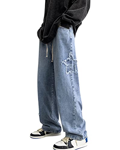 Minetom Herren Jeans Sterne Drucken Jeanshosen Patchwork Jeanshose Denim Hosen Baggy Hip Hop Jeans Vintage Y2K Straight Leg Streetwear G Hellblau XS von Minetom