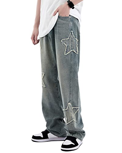 Minetom Herren Jeans Sterne Drucken Jeanshosen Patchwork Jeanshose Denim Hosen Baggy Hip Hop Jeans Vintage Y2K Straight Leg Streetwear M Hellblau M von Minetom