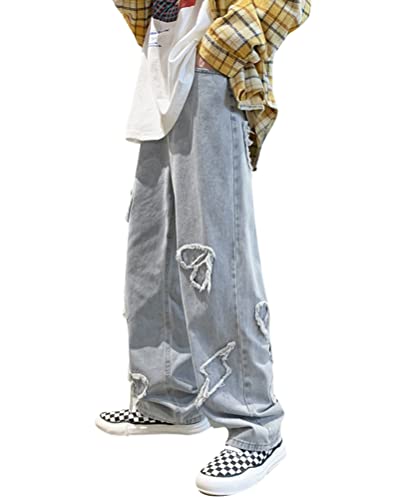 Minetom Herren Jeans Sterne Drucken Jeanshosen Patchwork Jeanshose Denim Hosen Baggy Hip Hop Jeans Vintage Y2K Straight Leg Streetwear Q Hellblau M von Minetom