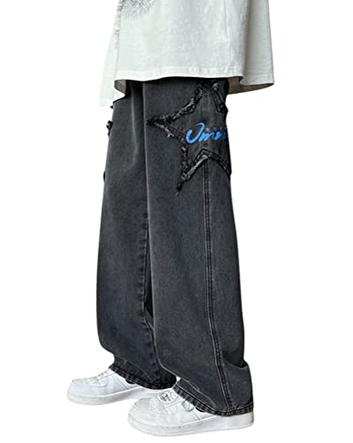 Minetom Herren Jeans Sterne Drucken Jeanshosen Patchwork Jeanshose Denim Hosen Baggy Hip Hop Jeans Vintage Y2K Straight Leg Streetwear R Schwarz L von Minetom