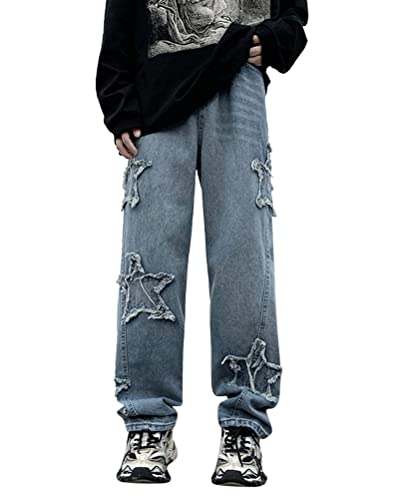 Minetom Herren Jeans Sterne Drucken Jeanshosen Patchwork Jeanshose Denim Hosen Baggy Hip Hop Jeans Vintage Y2K Straight Leg Streetwear U Blau S von Minetom