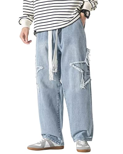 Minetom Herren Jeans Sterne Drucken Jeanshosen Patchwork Jeanshose Denim Hosen Baggy Hip Hop Jeans Vintage Y2K Straight Leg Streetwear W Blau M von Minetom