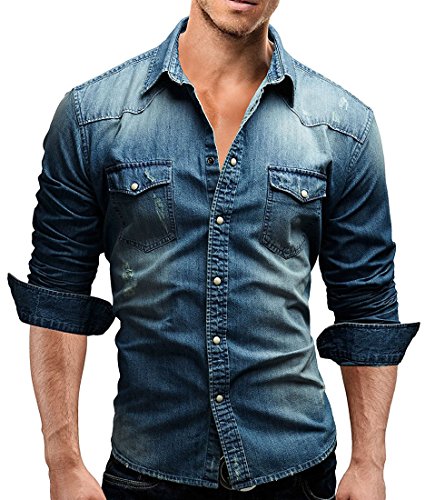 Minetom Herren Jeanshemd Denim Slim Fit Hemd Shirt Herrenhemd Jeans Hemden Freizeit Frühling Tops Knöpfe Blau S von Minetom