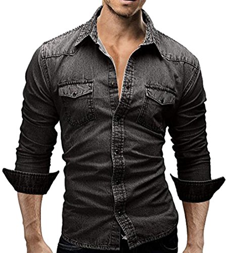 Minetom Herren Jeanshemd Denim Slim Fit Hemd Shirt Herrenhemd Jeans Hemden Freizeit Mode Frühling Tops Knöpfe Dunkelgrau EU S von Minetom