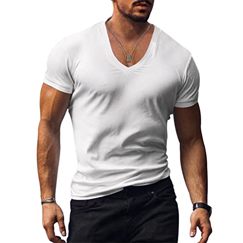 Minetom Herren Kurzarm T-Shirt V-Ausschnitt Slim Fit Stretch Einfarbiges Basic Shirt Manner Sportshirt Activewear A Weiß L von Minetom