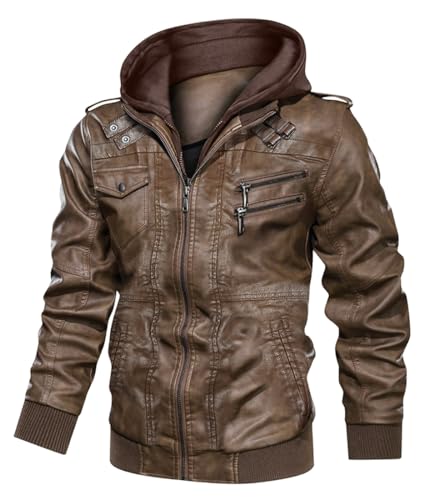 Minetom Herren Lederjacke Abnehmbarer Kapuze Hooded PU-Leder Jacket Mit Kapuze Outdoorjacke Bikerjacke Warm Winter Mantel A Braun XS von Minetom