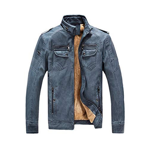 Minetom Herren Lederjacke Kunstleder Bikerjacke Mit Kunstpelzfutter Pilotenjacke Winter Warme PU Jacke Vintage Bikerjacke Blau XXL von Minetom