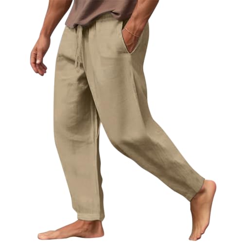 Minetom Herren Leinenhose Mit Kordelzug Leicht Sommerhose Freizeithose Einfarbig Hose Lang Für Männer Strandhose Mit Taschen Urlaub Alltag A Khaki M von Minetom
