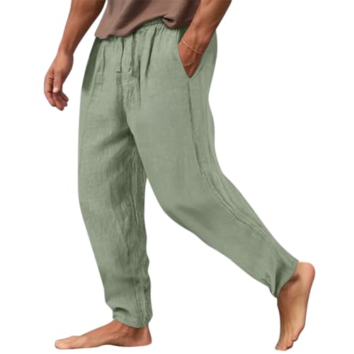 Minetom Herren Leinenhose Mit Kordelzug Leicht Sommerhose Freizeithose Einfarbig Hose Lang Für Männer Strandhose Mit Taschen Urlaub Alltag B Grün L von Minetom