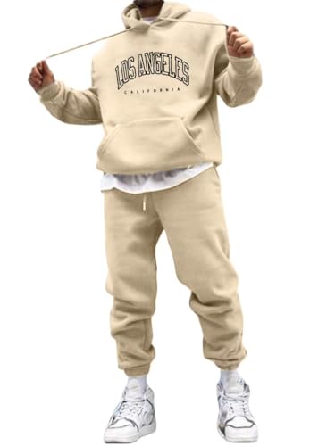 Minetom Herren Los Angeles Druck Sportbekleidung Mit Kapuze Trainingsanzug Hoodie Langarm Mit Taschen Hausanzug 2-Teilig Herbst Winter Kapuzenjacke Jogginghose Jogginganzug Set A Beige XL von Minetom