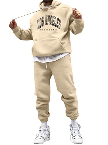 Minetom Herren Los Angeles Druck Trainingsanzug Hoodie Mit Kapuze Langarm Mit Taschen Hausanzug 2-Teilig Herbst Winter Kapuzenjacke Jogginghose Jogginganzug Set C Beige L von Minetom