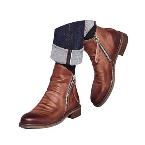 Minetom Herren Motorrad Stiefeletten High Top Business Boots Klassische Vintage Chelsea Boots Reißverschluss Biker Freizeitschuhe A Braun 43 EU von Minetom